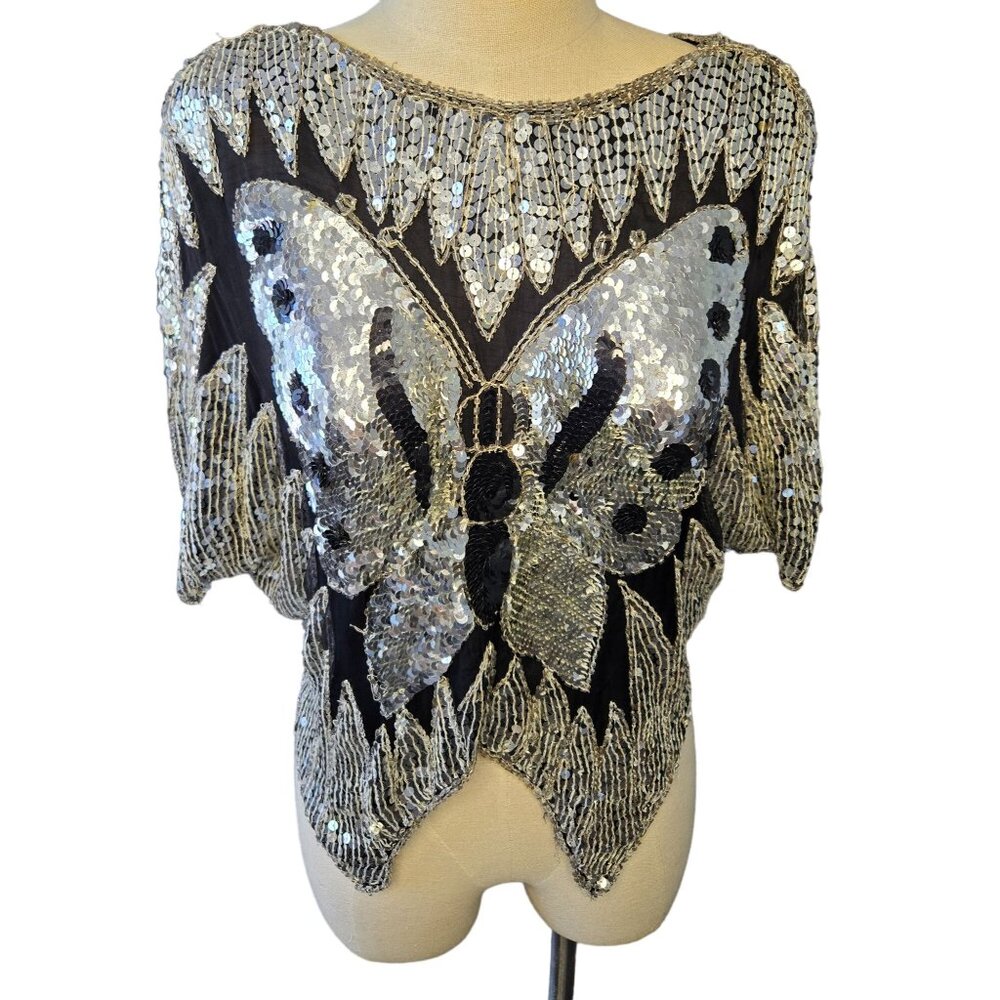 Women's Vintage Blouse Sequin Glam Top Hand Beaded Black Silver Butterfly !00% S